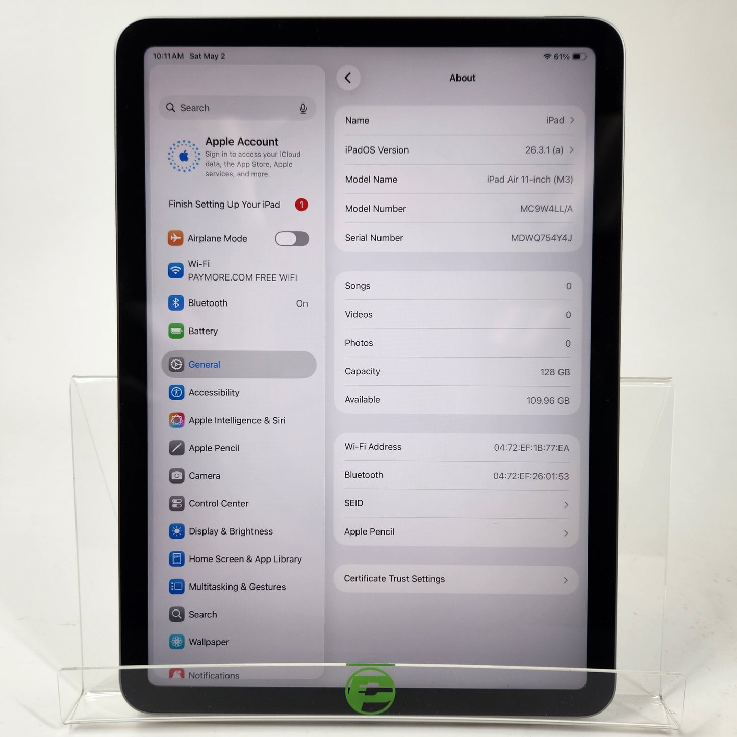WiFi Only Apple iPad Air 11" M3 128GB Space Gray MC9W4LL/A+ Apple Pencil Pro