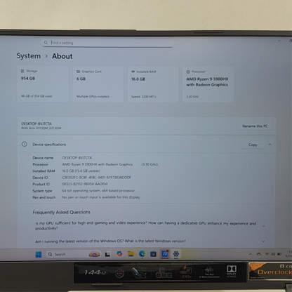 Asus G513QM 15.6" Ryzen 9 5900HX 3.3GHz 16GB RAM 512GB SSD GeForce RTX 3060