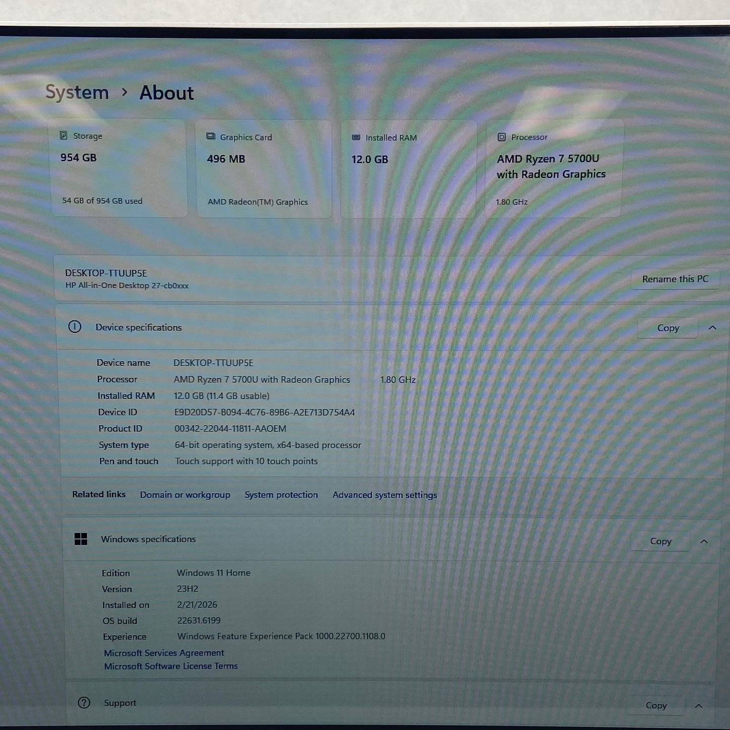 HP All-in-One 27-CB0244 27" Ryzen 7 5700U 1.80GHz 12GB RAM 1TB SSD FHD AIO
