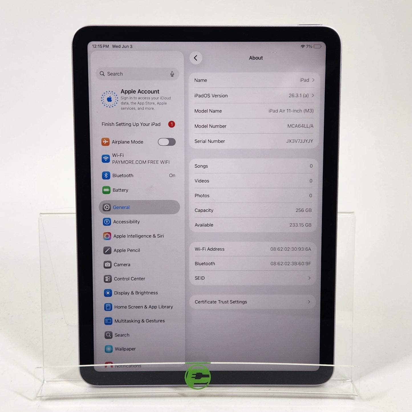 WiFi Only Apple iPad Air 11" M3 256GB Purple MCA64LL/A