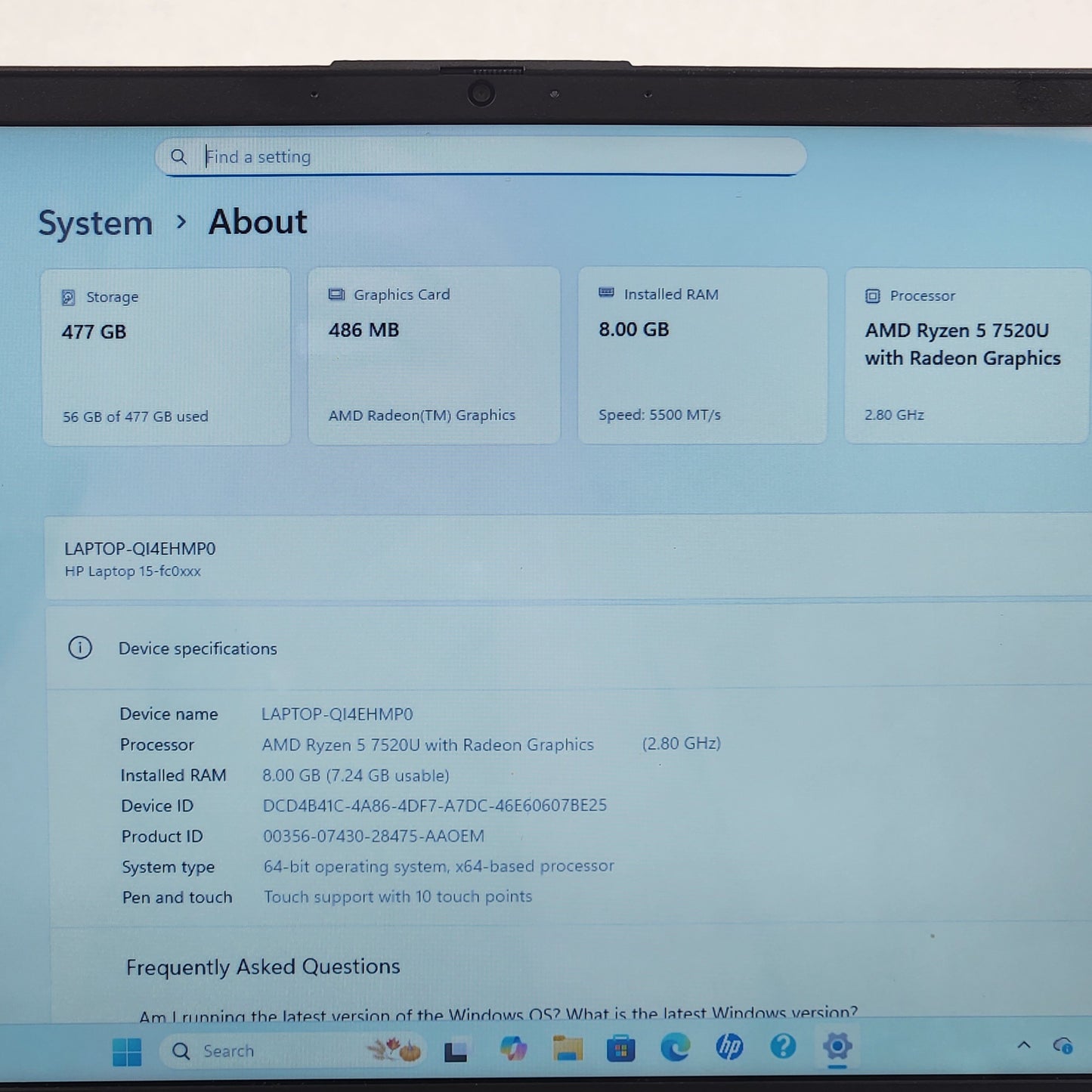 HP Laptop 15-FC0025DX 15.6" Ryzen 5 7520U 2.4GHz 8GB RAM 512GB