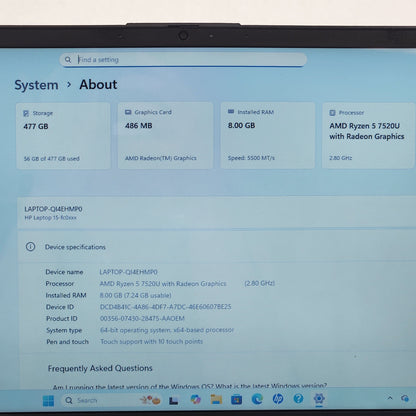 HP Laptop 15-FC0025DX 15.6" Ryzen 5 7520U 2.4GHz 8GB RAM 512GB