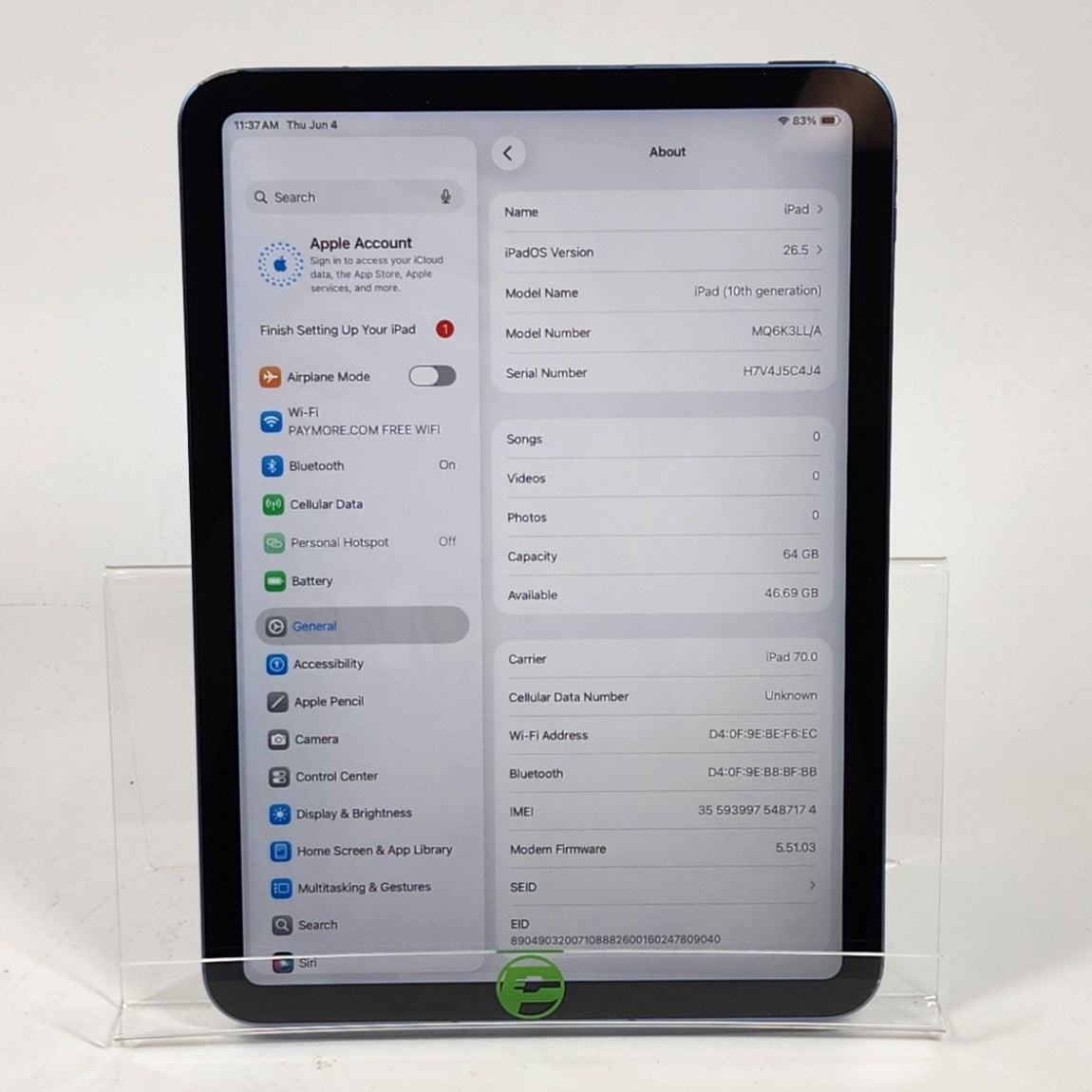 WiFi Only Apple iPad 10th Gen 64GB Blue MQ6K3LL/A