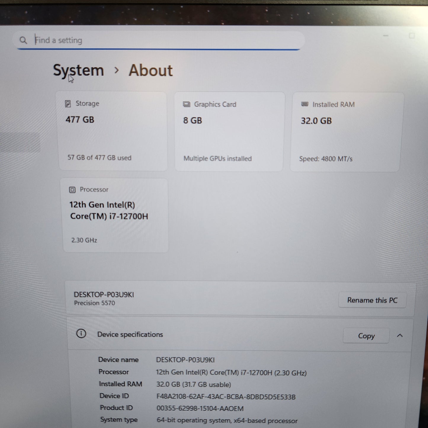 Dell Precision 5570 15" i7-12700H 2.3GHz 32GB RAM 512GB HDD RTX A2000