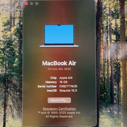 2025 Apple MacBook Air 13.6" M4 8C GPU 4.5GHz 16GB RAM 256GB SSD MC6T4LL/A