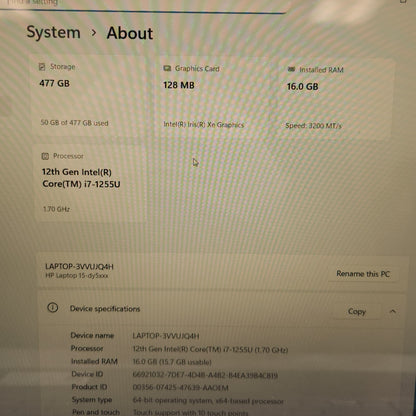 HP Laptop 15.6" i7-1255U 1.7GHz 16GB RAM 512GB SSD