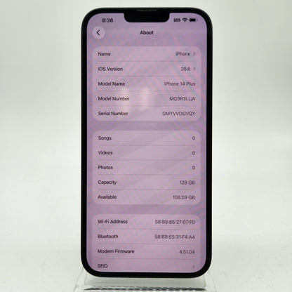 Factory Unlocked Apple iPhone 14 Plus 128GB Midnight MQ3R3LL/A