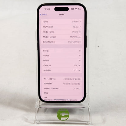 T-Mobile Apple iPhone 16 128GB 18.6.2 Black MYAP3LL/A