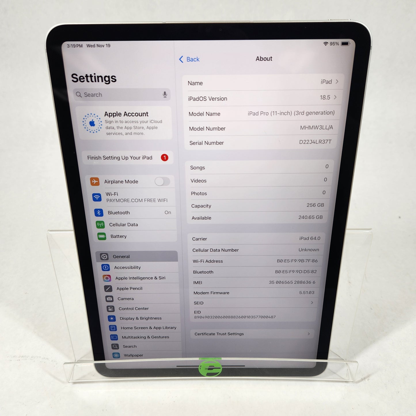 WiFi Only Apple iPad Pro 11" 3rd Gen 256GB Silver MHMW3LL/A