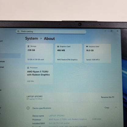 HP Laptop 15-FC0093DX 15.6" Ryzen 5 7520U 2.8GHz 16GB RAM 256GB SSD