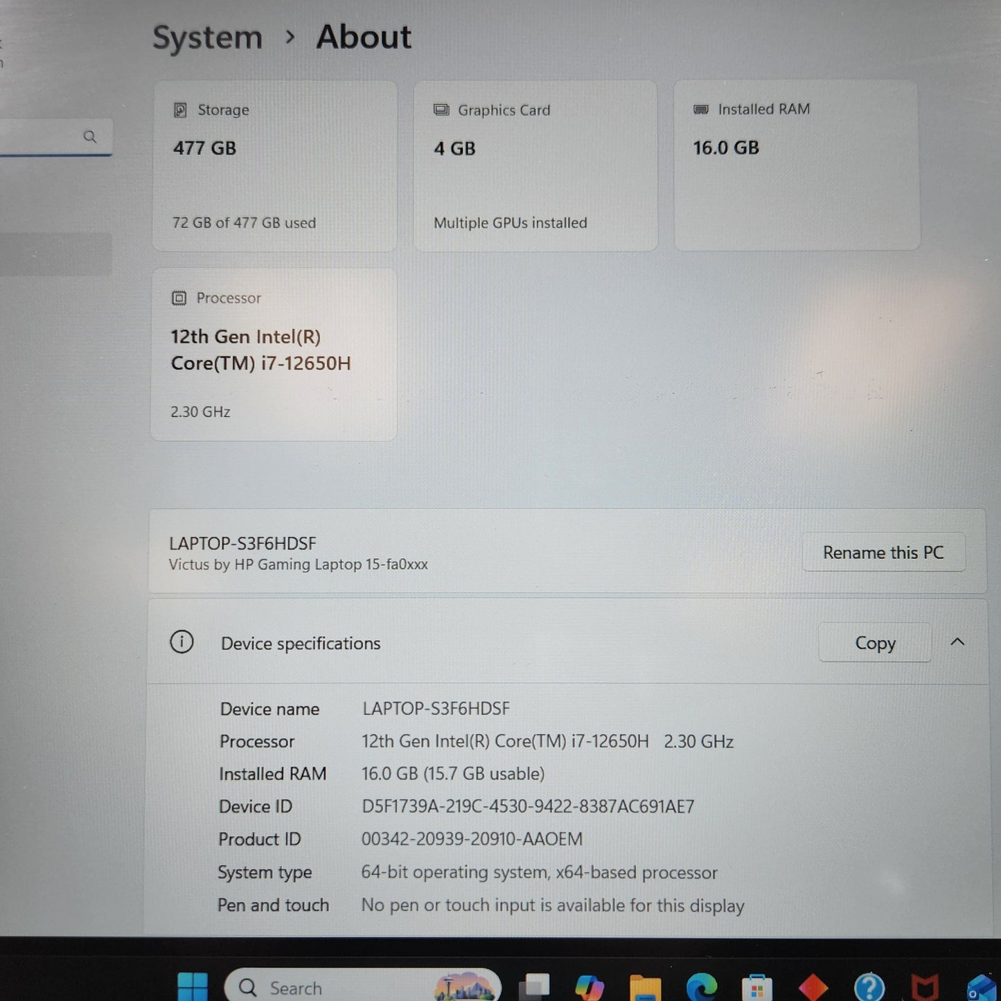 HP Victus 15-FA0032DX 15.6" i7-12650H 2.3GHz 16GB RAM 512GB SSD GeForce 3050 Ti