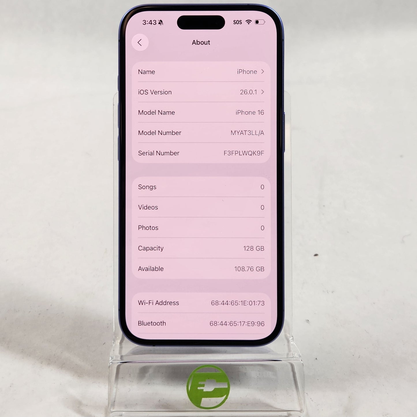 Unlocked Apple iPhone 16 128GB 26.0.1 Ultramarine MYAT3LL/A