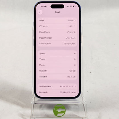 Unlocked Apple iPhone 16 128GB 26.0.1 Ultramarine MYAT3LL/A