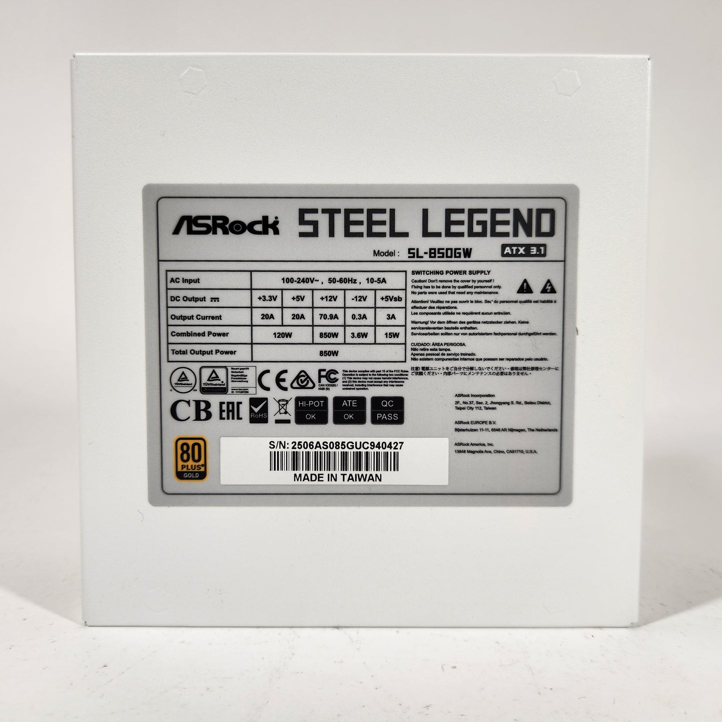 AsRock Steel Legend 850W 80 Plus Gold Fully Modular Power Supply PSU SL-850GW