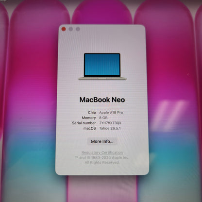 2026 Apple MacBook Neo 13" A18 Pro 5C GPU 4.0GHz 8GB RAM 256GB SSD MHFH4LL/A