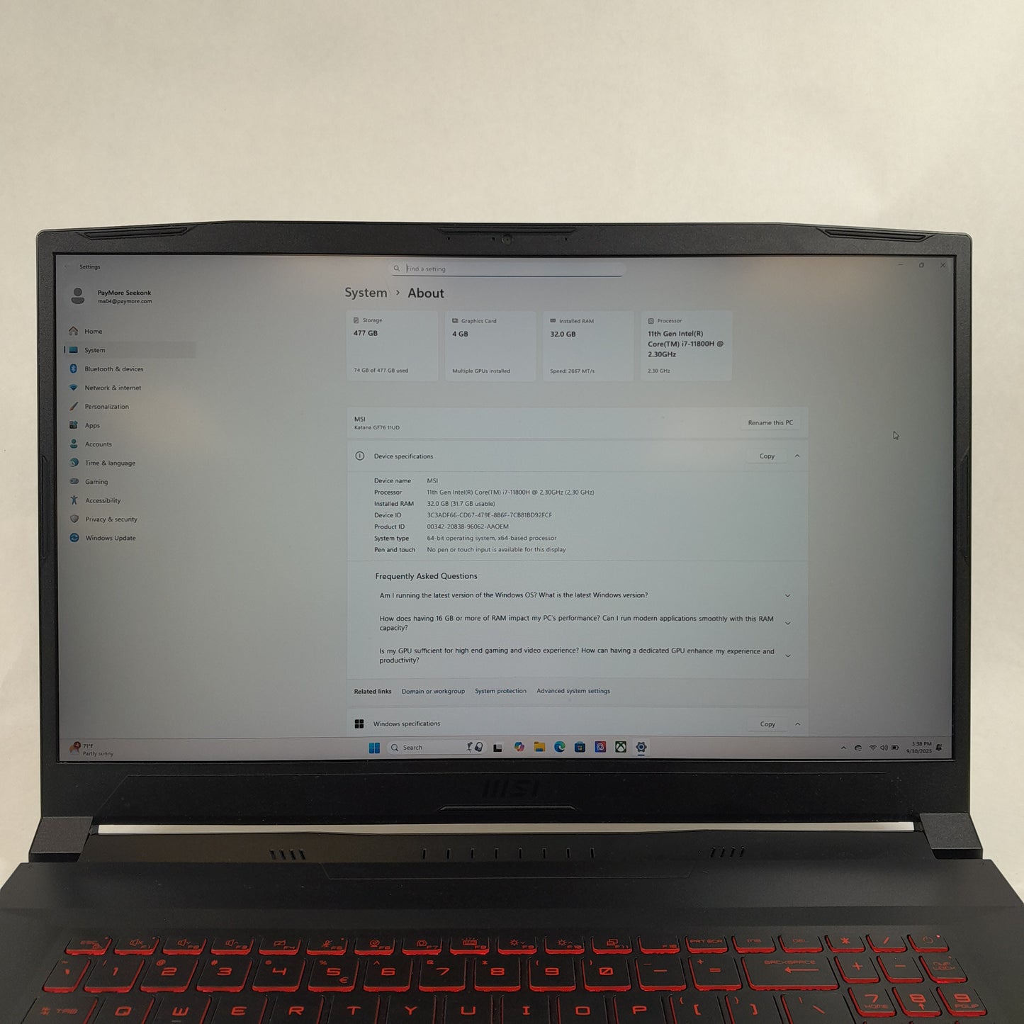 MSI Katana GF76 11UD 17.3" i7-11800H 2.3GHz 32GB RAM 512GB GeForce RTX 3050 Ti