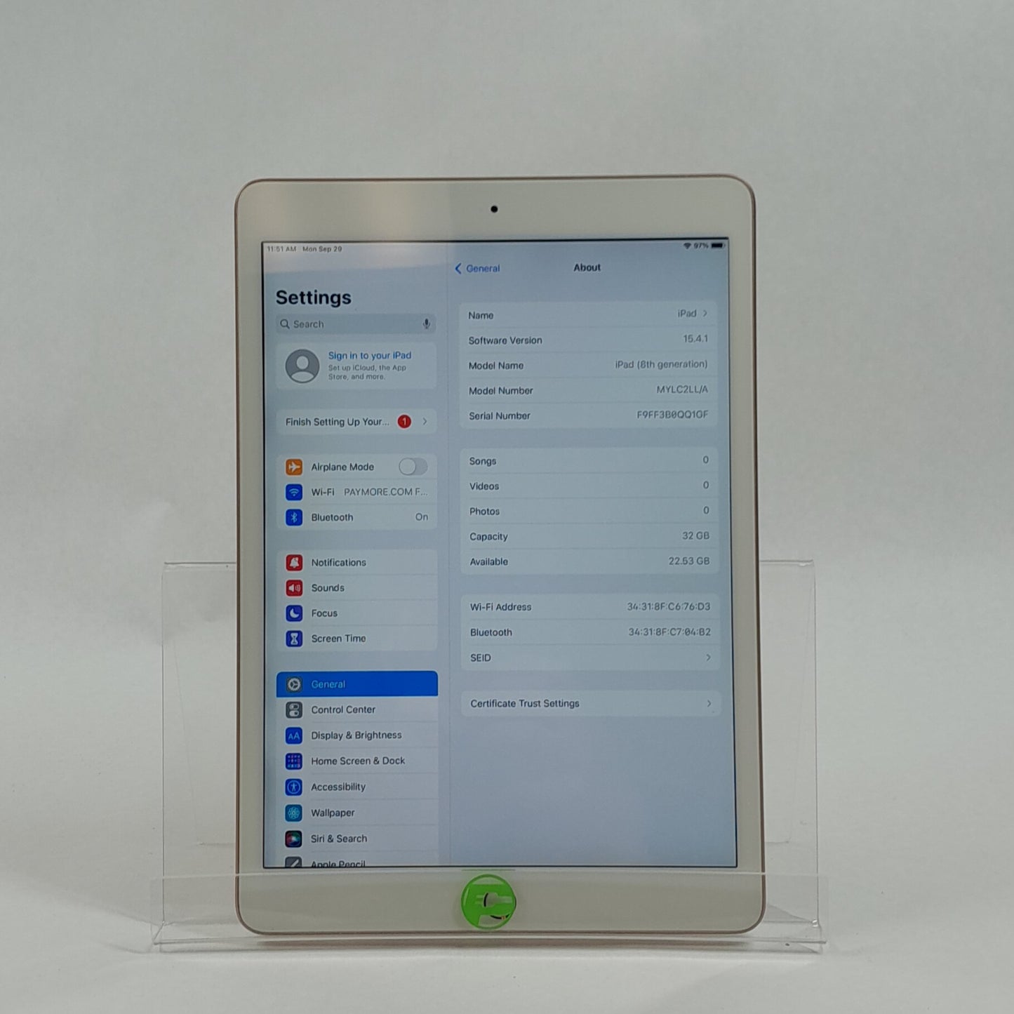 WiFi Only Apple iPad 8th Gen 32GB 15.4.1 Gold MYLC2LL/A