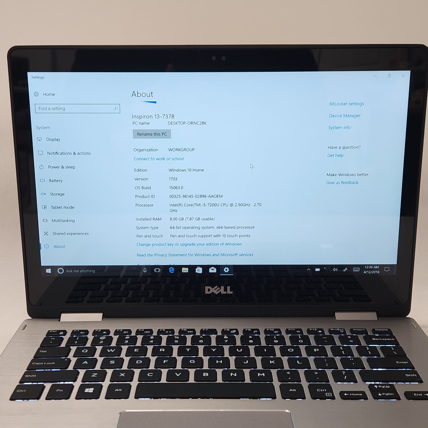 Dell Inspiron 7000 Series 13-7359 P 69G 13.3" i5-7200U 2.50GHz 8GB RAM 250GB SSD