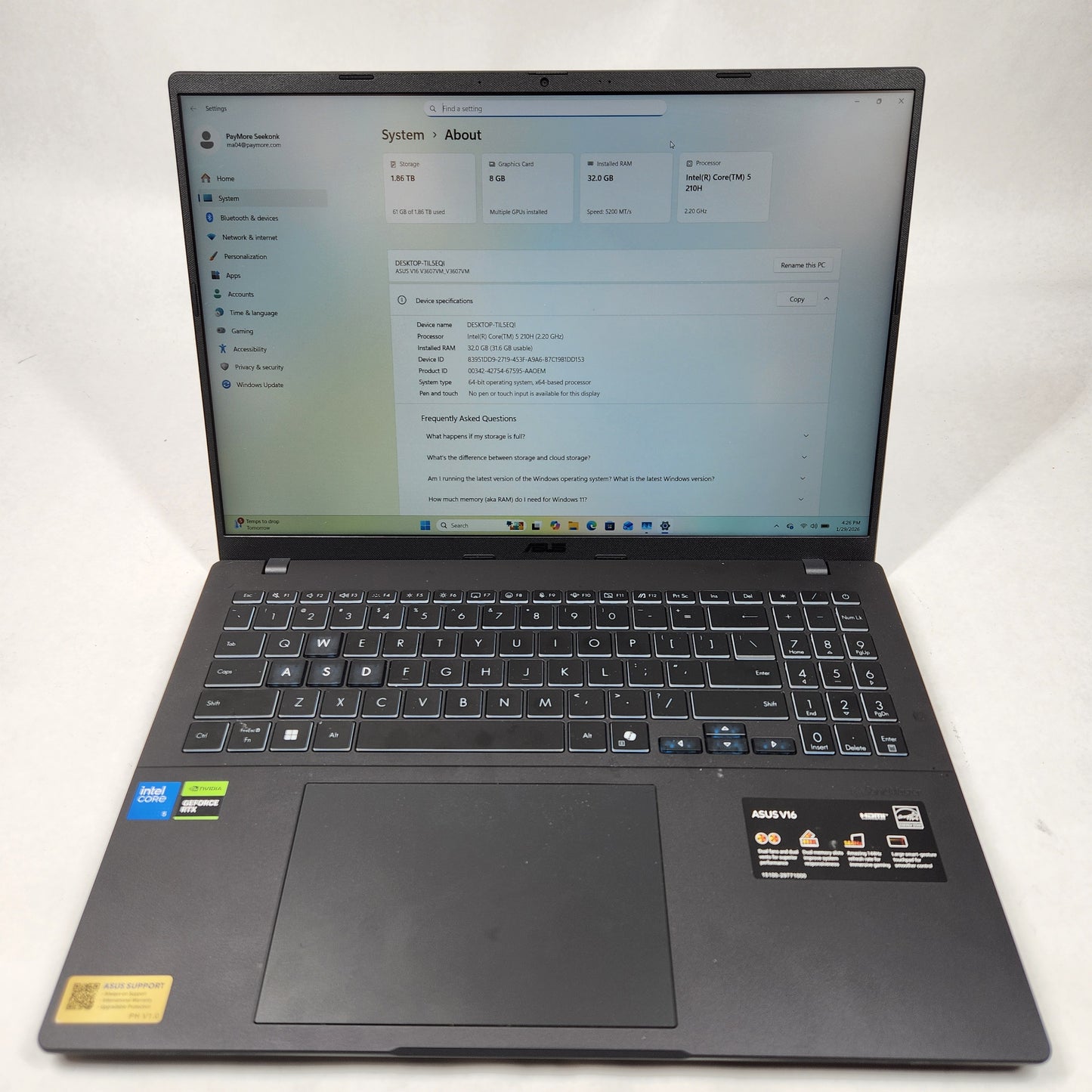 Asus V16 V3607V 16" Intel Core 5 210H 2.2GHz 32GB RAM 2TB SSD GeForce RTX 5060